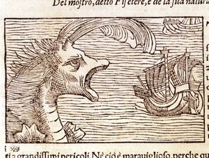 Kaszalot (?) (physeter) atakuje statek. Grawer Olausa Magnusa (1490 - 1557), szwedzkiego zakonnika i geografa, „Historia de Gentis Septentrionalibus”, Wenecja autorstwa Unknown artist