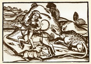 Podróżnik spotyka dwa potworne tygrysy o wyglądzie Bazyliki. Bajki Esope (rycina, koniec XV w.) autorstwa Unknown artist