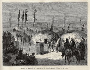 Wioska Indian Mandans (lub noumah ka kie: bażanty) na lewym brzegu Missouri, 600 mil od miasta Saint Louis. Rycina ilustrująca wyprawę wśród plemion indiańskich w dorzeczach Kolumbii i Górnej Missouri, G. Catlin, w 1 autorstwa Unknown artist