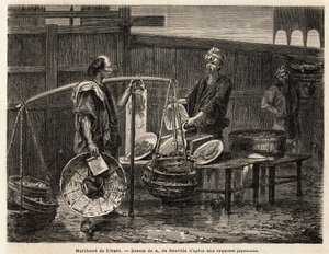 Chodzący kupiec smażący, nosi swoje pączki na koszach i jedzie na targ, by sprzedać innym kupcom obiad. Rycina ilustrująca podróż do Japonii w latach 1863-1864 autorstwa Aime Humberta, ministra Konfederacji Szwajcarskiej, w „Le tour du mond autorstwa Unknown artist