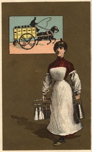 Chodzący sprzedawca mleka (dostawa lub nabiał). Anonimowa chromolitografia, koniec XIX wieku. autorstwa Unknown artist