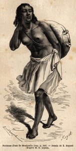 Woźnica z Monkoullo, Samharynka (Etiopia), nosząca skórzaną cholewkę zwisającą z długiej liny z włókna palmowego, którą opróżnia do dużego zbiornika gliny, aby podlać bestię. Grawerowanie pour illustrrer le voyage en Abyssinie, en 1862 przez Guillaume autorstwa Unknown artist