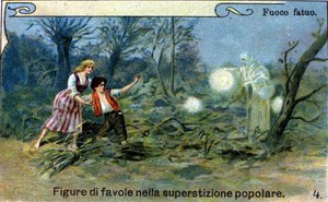 Dziki ogień, rozproszone światło, które można zobaczyć nocą w pobliżu bagien i cmentarzy, byłby sprytnym duchem z popularnej tradycji. chromolitografia z XIX wieku. autorstwa Unknown artist