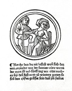Kobieta krwawi. Ksylografia w „Buch de Surgery” Hyeronimusa Braunschweiga. Strasburg 1497 autorstwa Unknown artist