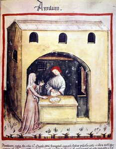 Młoda kobieta kupuje jajka od handlarza. Oświetlenie z doju medycyny i dietetyki „”Tacuinum sanitatis”” autorstwa Unknown artist