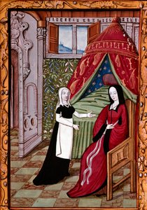 Młoda kobieta prawdopodobnie Louise Laval (zm. 1480) w swojej sypialni ze swoją miniaturową służącą zabraną z „Histoire de Jean III de Brush et de sa femme Louise de Laval””” (ms. 1475, k. 10r) Chantilly, musee Conde autorstwa Unknown artist