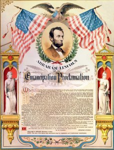 Abraham Lincoln i jego proklamacja wyzwolenia niewolników (flagi i orzeł). 22.09.1862. autorstwa Unknown artist
