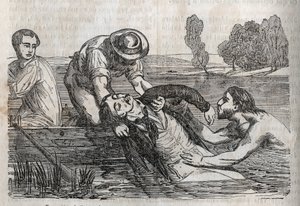 Medycyna powypadkowa - na najskuteczniejszą ulgę dla topielców - aby usunąć tonącego z wody, trzeba to zrobić jak najdogodniej - grawer w "La Sante Universelle - Guide Medical des Families" 1852 autorstwa Unknown artist