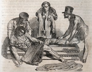 Medycyna powypadkowa - na najskuteczniejszą ulgę dla topielców - aby rozebrać się jak najszybciej, trzeba rozedrzeć mokry efekt - grawer w „La Sante Universelle - Guide Medical des Familles” 1852 autorstwa Unknown artist