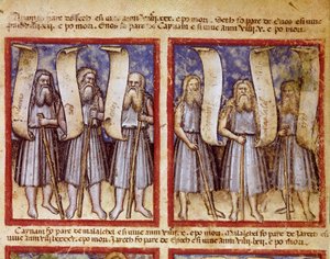 Po Genealogii Adama następują Seth, Enoch (Enoch lub Enosh), Kenan, Mahalalel (Mahalalel) i Jared (lub Jared), wielcy patriarchowie Miniaturowej Biblii. autorstwa Unknown artist