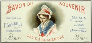 Etykieta reklamowa „Soap du pamiątka”, przygotowana przez F. Godfriaux - Maison założona w 1850 roku. Chromolitografia XIX wiek. autorstwa Unknown artist