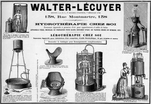 Reklama z 1889 r. dotycząca mobilnej armatury do wanien, pryszniców wodnych, pary suchej lub mokrej, bidetu, marki Walter-Lecuyer (Walter Lecuyer). autorstwa Unknown artist