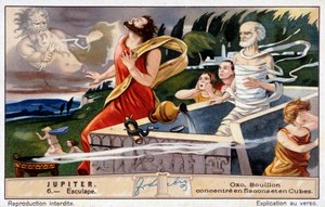 Aesculapus umiera, wysadzony w powietrze przez Jowisza, za wskrzeszenie zmarłych - chromolitografia Oxo, prod. Liebig autorstwa Unknown artist