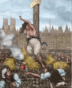 Affaire des Poisons: Katarzyna Deshayes, żona Monvoisin i przydomek La Voisin (1640-1680) została umieszczona na rzeźniku, siedząca i związana żelazem; przeklinała i odpychała słomę - w „Paris a travers les siecles” Kenouillaca autorstwa Unknown artist