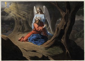 Agonia w Ogrodzie - Modlitwa Chrystusa w Ogrodzie Oliwnym. Anonimowy rycina z połowy XIX wieku. autorstwa Unknown artist