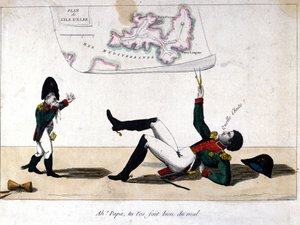 Ach, tato, zraniłeś się. Karykatura na wygnaniu Napoleona Bonaparte na wyspie Elba. autorstwa Unknown artist