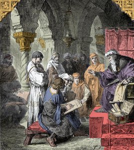 Alchemia i astrologia nauczana w szkołach - edukacja naukowa w średniowieczu: nauczyciel wygłasza wykład z astronomii i alchemii dla młodzieży autorstwa Unknown artist