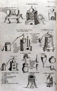 Alchemia: plansza przedstawiająca różne modele aparatury destylacyjnej i destylatorów. Athanase Kircher (lub Athanasius Kircheri 1602-1680), niemiecki jezuita. Grawerowanie z XVII wieku. autorstwa Unknown artist