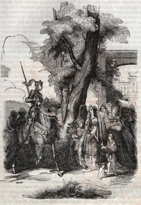 Alcina i jej dwór witają Ruggiero - rycina z 1851 r. z poematu Orlando furioso (1516) Ludovica Ariosto, - wydanie przetłumaczone z włoskiego przez hrabiego Tressan i wydane przez Gustave