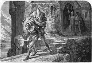 Aleksander, król i basard Burbonów, został wszyty w torbę i wrzucony do Świtu, aby zastąpić go delfinem, przyszłym Ludwikiem XI. Rycina XIX wieku. autorstwa Unknown artist