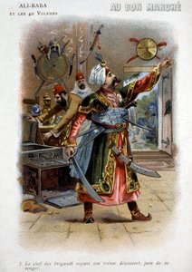 Ali - Baba (Ali Baba) i 40 Złodziei (opowieści tysiąca i jednej nocy): Wódz rabusiów widząc odkrycie swojego skarbu, przysięga zemstę - Tektura „Dobrego Marszu”, koniec XIX wieku autorstwa Unknown artist