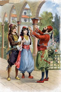 Ali Baba. (Ali-Baba) (Opowieści z tysiąca i jednej nocy): aby nagrodzić Morgiane, Ali Baba poślubia ją swojemu Synowi. Chromolitografia XIX wieku autorstwa Unknown artist