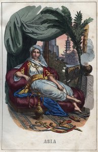 Alegoria Azji - rycina z „Zwyczajności i zwyczajów wszystkich narodów wszechświata”. Czyli Historia rządu, praw, milicji, religii wszystkich narodów od czasów najdalszych do dnia dzisiejszego „1856 autorstwa Unknown artist