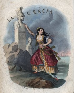 Alegoria Grecji - grawerowanie z „” Zwyczajów i Tradycji Wszystkich Ludów Wszechświata. Czyli Historia rządu, praw, milicji, religii wszystkich narodów od czasów najdalszych do dnia dzisiejszego „1856 autorstwa Unknown artist