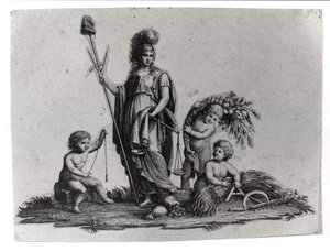 Alegoria Republiki Cisalpińskiej (Cisalpina) stworzona przez Napoleona Bonaparte 27.06.1797 na wzór francuski we Włoszech, która stała się Republiką Włoską w 1802. Przedstawione są symbole Republiki Francuskiej. Grawerowanie Museo del risorgimento, Mediola autorstwa Unknown artist