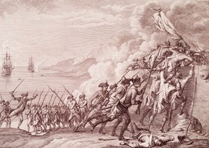 Amerykańska wojna o niepodległość: inwazja Dominiki przez armię francuską w dniu 7 września 1778 r. (Grawerowanie autorstwa Unknown artist