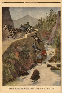 Wypadek czołgu na ławce w Sabaudii, pojazd przewraca się, a pasażerowie wytrącają się w Arly. Grawerowanie w „”Le petit journal”” 2.08.1896. Kolekcja Selvy. autorstwa Unknown artist