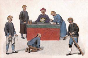 Oskarżonemu przed sędzią pomagali urzędnik, sekretarz i strażnicy. w „Kara Chińczyków”, Londyn autorstwa Unknown artist