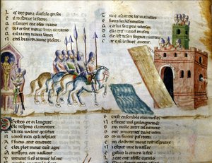 Armia zbliża się do zamku. Miniatura „Roman de Troy” autorstwa Benoit de Sainte Maure. XIV wiek, Biblioteca Marciana, Wenecja autorstwa Unknown artist