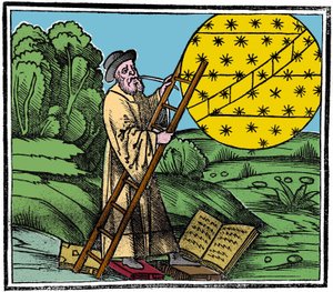 Astronom stawiający drabinę, by wspiąć się w niebo. autorstwa Unknown artist