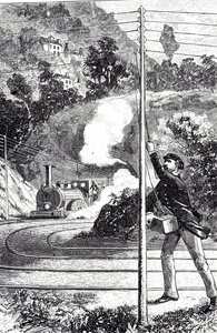 Uma gravura representando um trabalhador de trem enviando um sinal de emergência em postes telegráficos ferroviários autorstwa Unknown artist