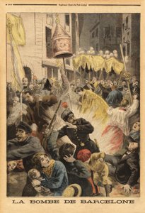 Atak anarchistów w Barcelonie, wybuch bomby w procesji opuszczającej kościół Santa Maria, street nuevos cambios. Grawerowanie w „”Le petit journal”” 21.06.1896. Kolekcja Selvy. autorstwa Unknown artist