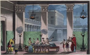 Starożytna Grecja - Triclinium - grawer z „” Zwyczajów i Tradycji Wszystkich Ludów Wszechświata. Czyli Historia rządu, praw, milicji, religii wszystkich narodów od czasów najdalszych do dnia dzisiejszego „1856 autorstwa Unknown artist