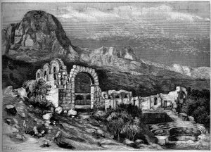 Architektura antyczna: ruiny rzymskiej świątyni Zaghouan (Tunezja). Grawerowanie autorstwa Riugel w „”The Illustrous World”” n°1308 z 22 kwietnia 1882 r. autorstwa Unknown artist