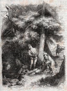Angelique (Angelica) ratuje Medora (Medoro) wesse - rycina z 1851 roku z „”Furious Roland”” (Orlando furioso) (XVI wiek) autorstwa Ludovico Ariosto, znanego jako Ariosta – wydanie przetłumaczone z języka włoskiego przez hrabiego Tressan i wydane przez Gust autorstwa Unknown artist