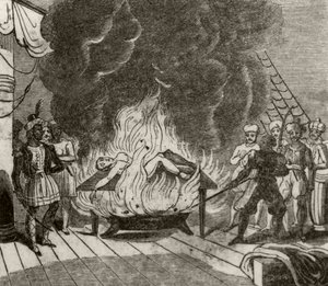 „Angora, indyjski pirat, pieczenie angielskiego kapitana żywcem”, ok. 1836 r.” autorstwa Unknown artist