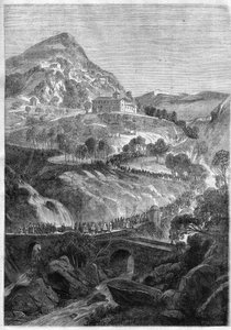Doroczna pielgrzymka 21 marca do klasztoru św. Benedykta na Górze Cavo (Colli Albani) niedaleko Rzymu - Rycina z 1868 r. autorstwa Unknown artist