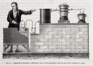 Aparat Antoine Laurent de Lavoisier i Meusnier do rozkładu wody przez żelazo rozgrzane do czerwieni - w „Les wonders de l