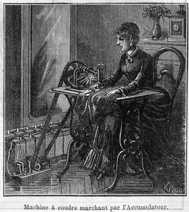 Zastosowanie baterii Faure: elektryczna maszyna do szycia przechodząca przez akumulator. Grawerowanie w „”Le Monde Illustré”” autorstwa Unknown artist