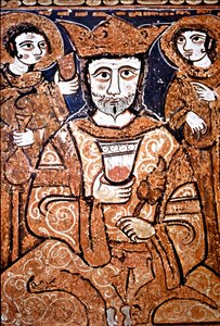Portret w stylu arabskim Rogera II z Sycylii (1095-1154) otacza wysokich dygnitarzy. Malarstwo na drewnie z XII wieku. Palermo, Cappella Palatina del Palazzo Reale (Kaplica Palatyńska Pałacu Królewskiego) Sycylia, Włochy autorstwa Unknown artist
