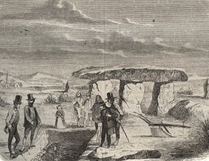 Wykopaliska archeologiczne: odkrycie grobowców Galii w pobliżu Dolmen de la Pierre aux Fees (Pierre-aux-Fees) w Oise (60). Grawer z 1856 r. w „Le Musee Des Sciences”” autorstwa Unknown artist