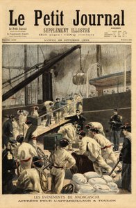 Uzbrojenie w Tulonie krążowników Dupetit-Thouars i Laperouse oraz abordaż 15 000 żołnierzy na wyprawę na Madagaskar decyzją ministra kolonialnego Theophile Delcasse (1852-1923). Grawer w „”Le petit journal”” 29.10.1894. Kolekcja Selvy autorstwa Unknown artist