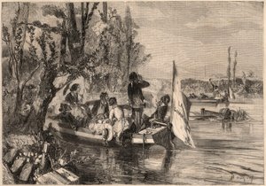 Dookoła Paryża w 1857 r. Kajakarze w Asnieres. Grawer w „Le Monde illustrious” z 1857 r. Ze zbiorów prywatnych. autorstwa Unknown artist