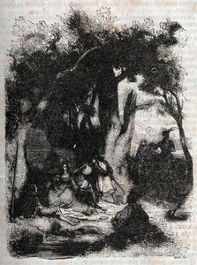 Przybycie Rodomonta i Mandricarda do fontanny Merlin - rycina z 1851 roku z „Roland furieux” (Orlando furioso) (XVI w.) Ludovico Ariosto, znanego jako Ariosta – wydanie przetłumaczone z języka włoskiego przez hrabiego Tressan i wydane przez autorstwa Unknown artist