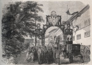 Przybycie Impress Elisabeth Austria (Sissi) (Elisabeth Austria) w Bad Kissingen (Spa) w 1865 - grawerowanie w „The Illustrous World” z 1865 autorstwa Unknown artist