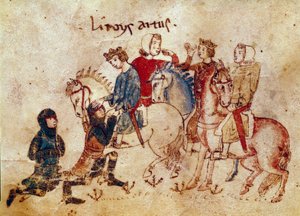 Legenda arturiańska: „” Król Artur zmiękczający rycerzy (Meliadus (lub Meliodas), Esclabor i Arfasar (lub Arphasar)”” Miniatura z „”Meliadusa, brata Tristana”” XIV-wieczna Wenecja Biblioteca Marciana autorstwa Unknown artist